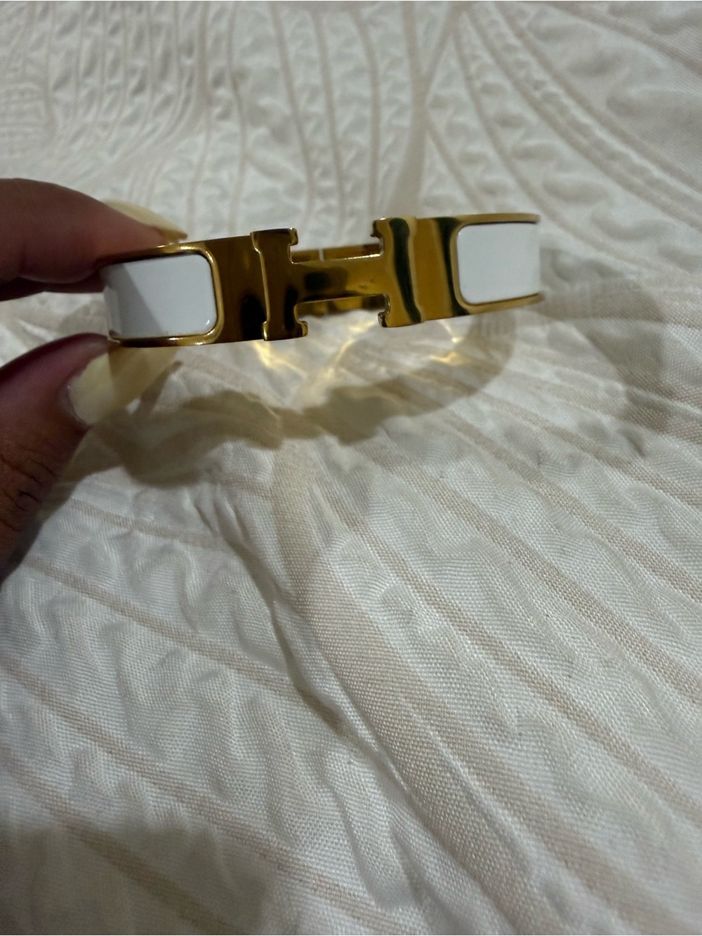 White and Gold Enamel H Cuff Bracelet
